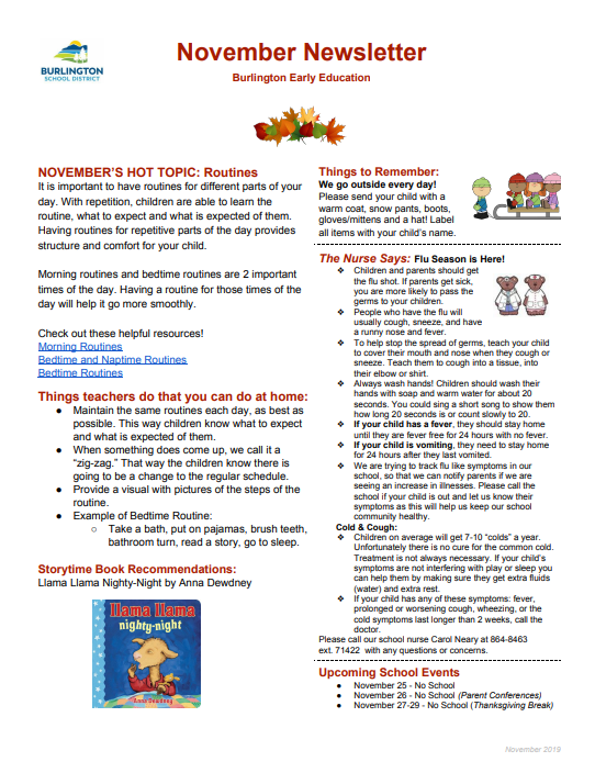 november newsletter for preschool parents